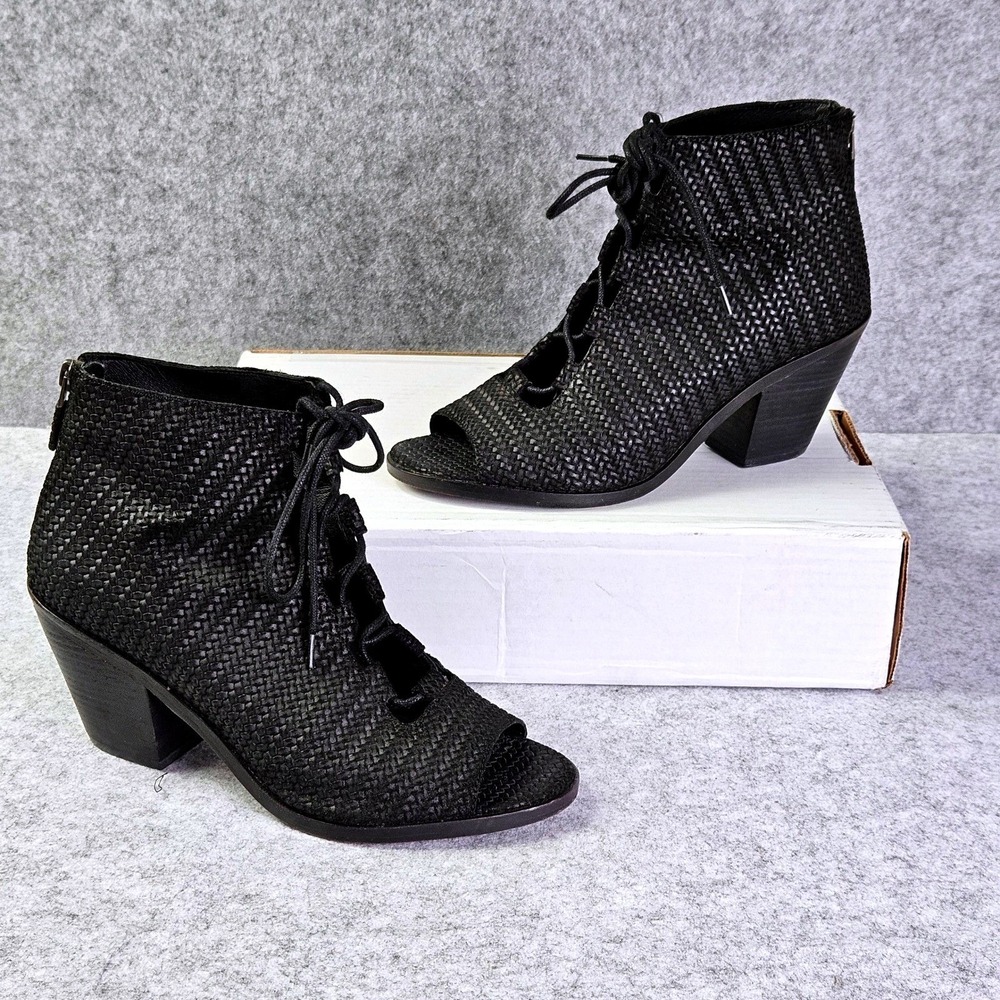 Eileen Fisher Black Woven Leather Lace Up Peep Toe Block Heel Booties Size 8